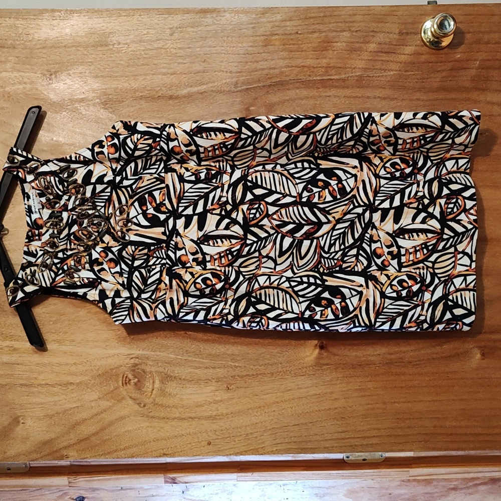 Richard Malcom Beaded Sheath Dress Leaf Print Gold Black White Linen/Cotton 6